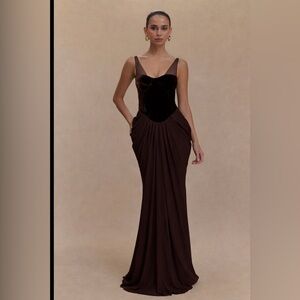 Meshki NWT Roxanne velvet corset maxi dress in black. XXS